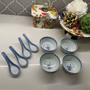 Blue & White Porcelain Ramen Bowl Set w/ Matching Soup Spoons (8pc)